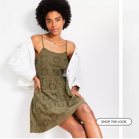 LOFT Mosaic Eyelet Strappy Mini Pocket Dress Color Fresh Ivy - Picture 2 of 4